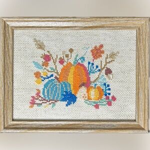 Vintage Fall Pumpkin Leaves Needlepoint Cross Stitch Embroidery Framed
